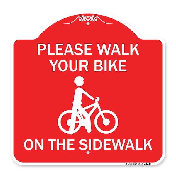 Signmission Pavement Stencil Please Walk Your Bike on Sidewalk, Red & White Alum Sign, 18" x 18", RW-1818-23338 A-DES-RW-1818-23338 - main